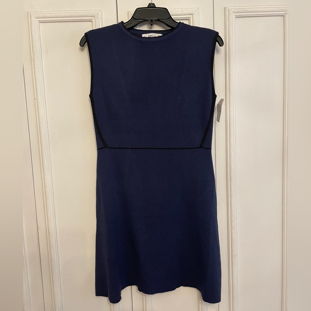 ZARA knee high navy dress with black piping detail.